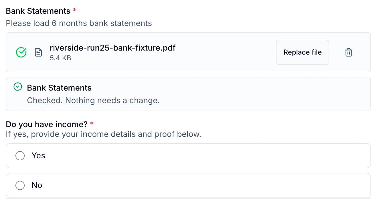 A test application in Keyholder showing a bank statement upload, a check result, a Replace file action and a question about income.