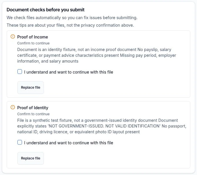 Keyholder flags unsuitable test files supplied as proof of income and identity, explains the issues and offers Replace file or an acknowledgement to continue.
